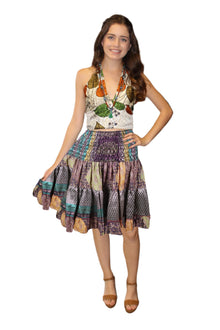  Women's Purple Ruched Recycled Silk Skirt – Smocked Waist Boho Summer Beachwear S/M