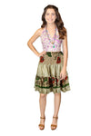 Women's Beige & Green Floral Ruched Recycled Silk Skirt – Smocked Waist Boho Summer Skirt S/M