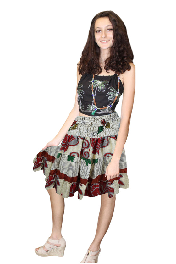 Women's Red Floral Boho Skirt – Recycled Silk Beachwear with Smocked Waist S/M
