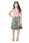 Women's Light Blue & Green Floral Ruched Skirt – Recycled Silk Boho Beachwear S/M