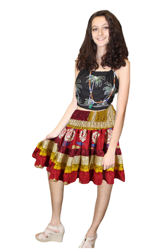 Women's Red Elastic Waist Skirt – Recycled Silk Boho Summer Beachwear S/M