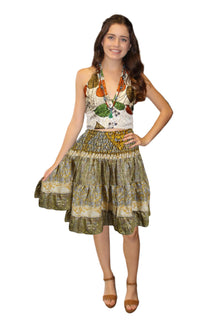  Women's Olive Green Ruched Skirt – Recycled Silk Boho Summer Beachwear  S/M