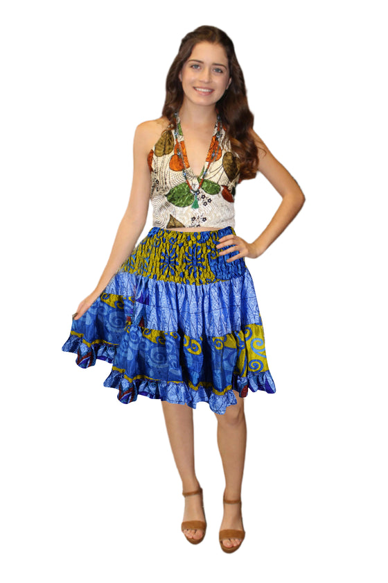 Women's Steel Blue Smocked Waist Skirt – Recycled Silk Boho Summer Skirt  S/M