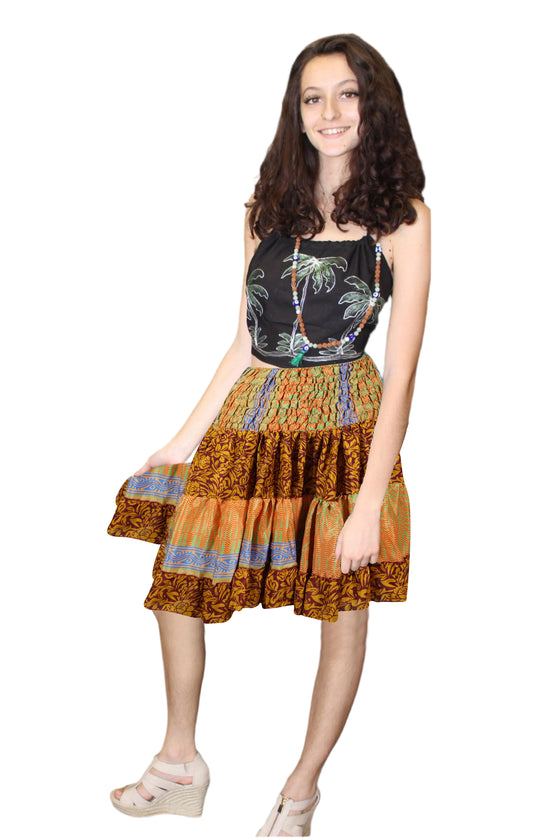 Women's Squash Floral Smocked Waist Skirt – Recycled Silk Boho Summer Beachwear S/M