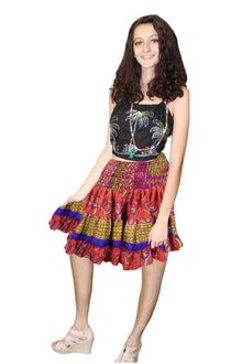  Women's Rose Red Recycled Silk Skirt – Boho Summer Beachwear with Elastic Waist S/M