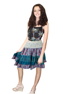  Women's Ruched Beach Skirt – Purple Blue Floral Recycled Silk Summer Style  S/M