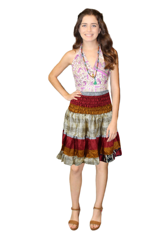 Women's Red and White Boho Chic Skirt – Recycled Silk Beachwear for Effortless Style S/M