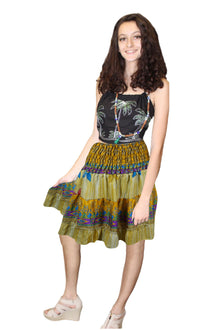  Women's Yellow Floral Ruched Skirt – Recycled Silk Boho Beach Skirt for Summer S/M