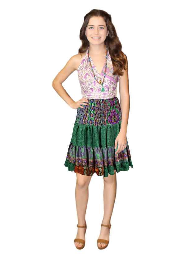 Women's Forest Green Ruched Skirt – Boho Recycled Silk Summer resort wear S/M
