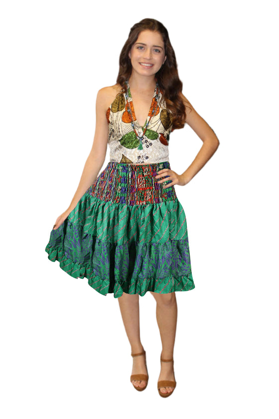 Women's Forest Green Smocked Ruched Skirt – Boho Recycled Silk Summer Skirt S/M