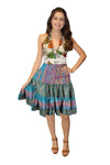 Women's Blue & Pink Floral Ruched Skirt – Boho Recycled Silk Beach & Summer Skirt S/M
