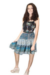 Women's White & Blue Floral Ruched Skirt – Boho Recycled Silk Beach & Summer Skirt  S/M