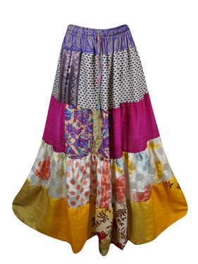 Womens Boho Maxi Skirt Pink Yellow Patchwork Skirts S/M