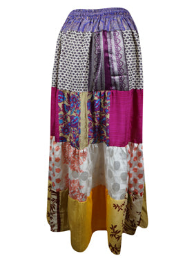 Womens Boho Maxi Skirt Pink Yellow Patchwork Skirts S/M