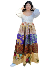  Women's Earthy Gold & Multicolor Floral Patchwork Maxi Skirt – Boho Chic Recycled Silk Skirt S/M