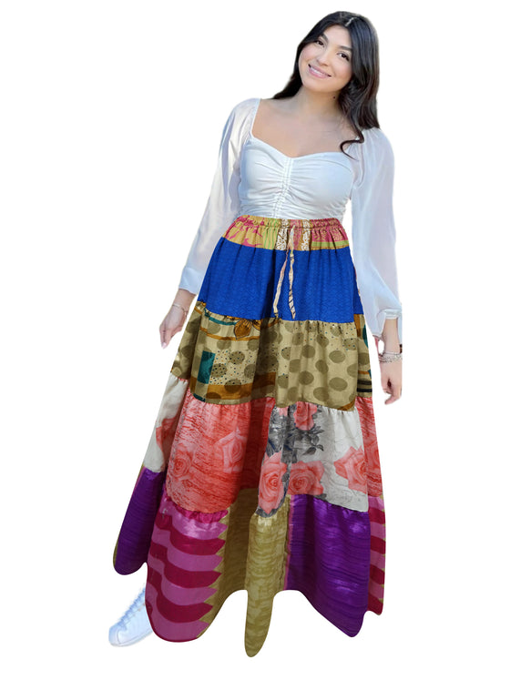 Women's Blue & Pink Floral Patchwork Tiered Skirt – Boho Flared Maxi Skirt S/M