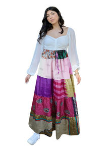  Women's Pink & Purple Floral Patchwork Maxi Skirt – Boho Flared Swing Skirt S/M