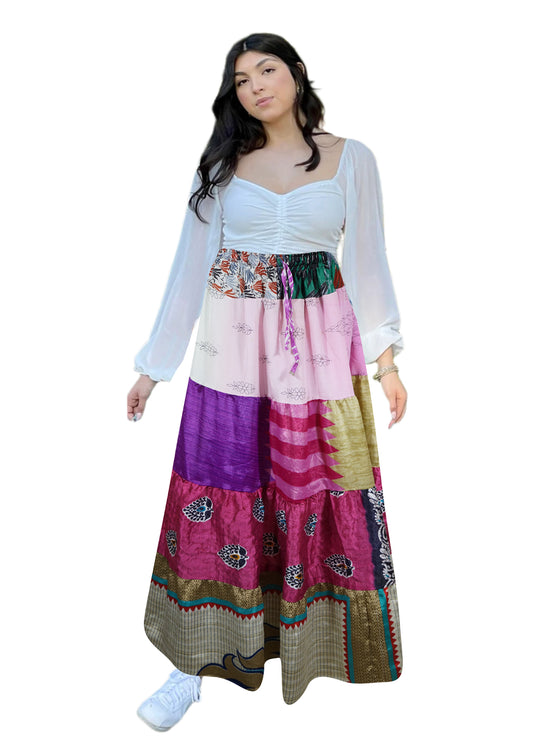 Women's Pink & Purple Floral Patchwork Maxi Skirt – Boho Flared Swing Skirt S/M