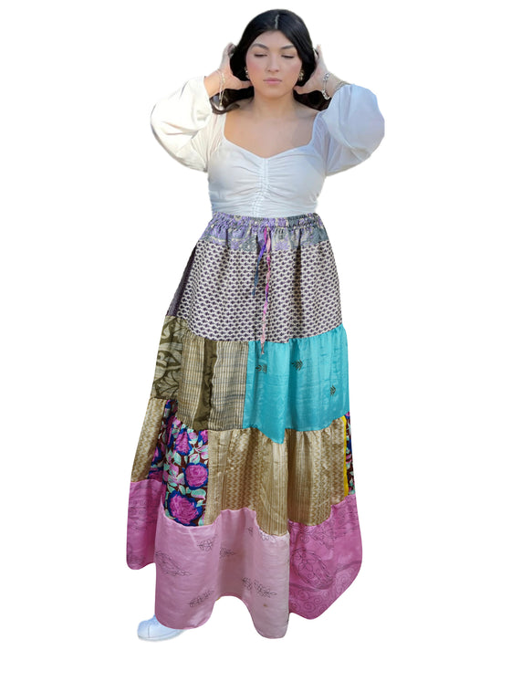 Women's Beachy Blue & Pink Floral Patchwork Maxi Skirt – Boho Chic Flowy Skirt S/M