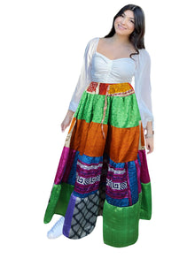  Women's Mexicalli Green & Orange Patchwork Maxi Skirt – Boho Flowy Skirt S/M