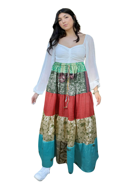 Women's Green Floral Patchwork Maxi Skirt – Boho Flared Skirt S/M