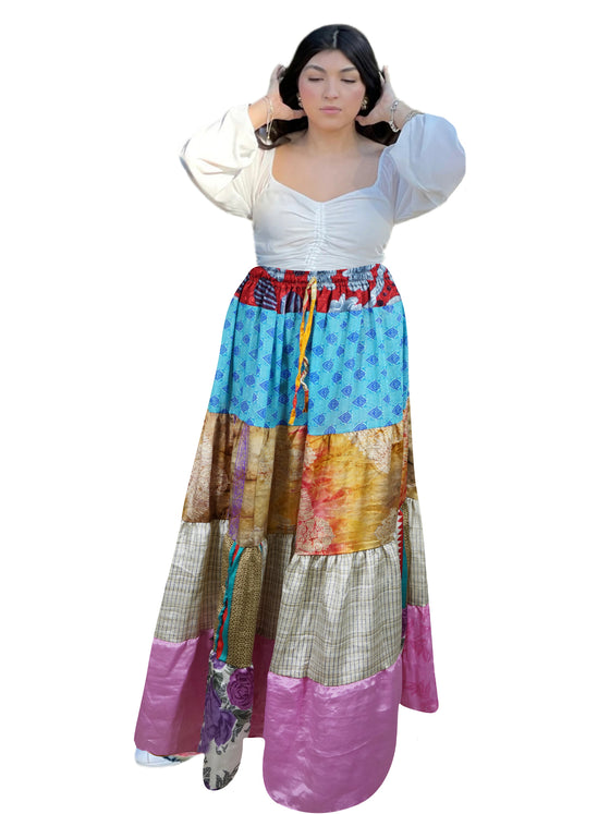 Women's Multi-Color Floral Patchwork Maxi Skirt – Boho Recycled Silk Skirt S/M/L