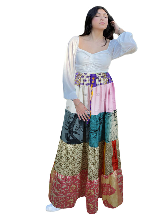 Women's Pink Floral Patchwork Maxi Skirt – Boho Chic Recycled Silk Skirt S/M/L