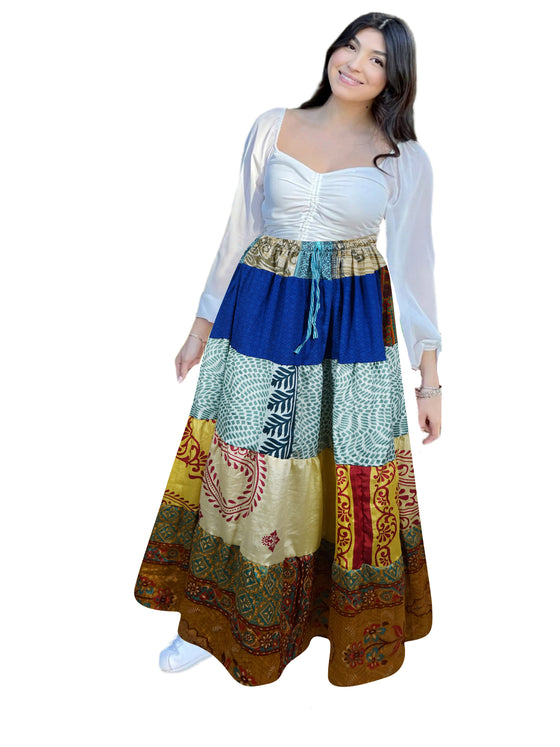 Women's Blue Patchwork Maxi Skirt – Handmade Boho Long Skirt S/M/L