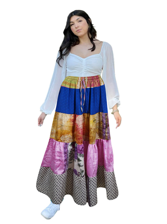 Women's Azure Blue Patchwork Maxi Skirt – Boho Flared Long Skirt S/M/L