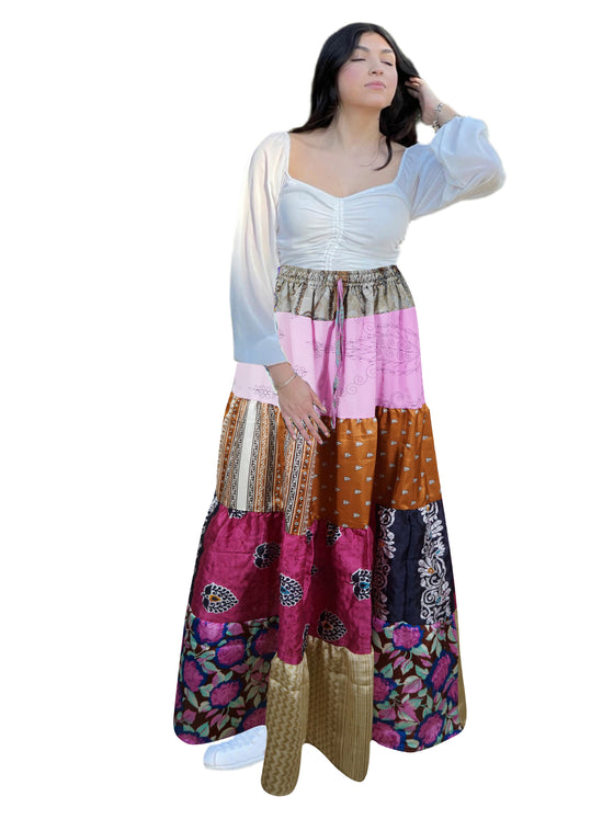 Women's Pink Floral Patchwork Maxi Skirt – Handmade Boho Beach Long Skirt S/M/L