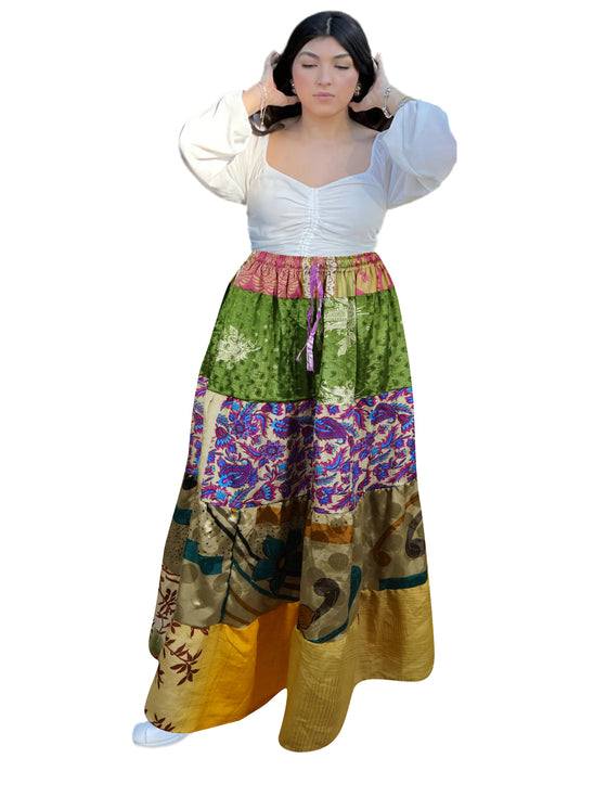 Women's Kelly Green & Purple Floral Patchwork Maxi Skirt – Handmade Boho Long Skirt S/M
