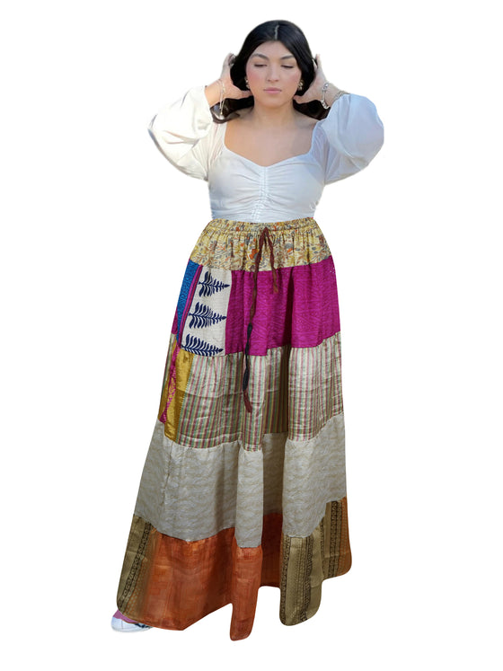Women's Pink Patchwork Maxi Skirt – Flared Boho Beach Smocked Skirt  S/M/L