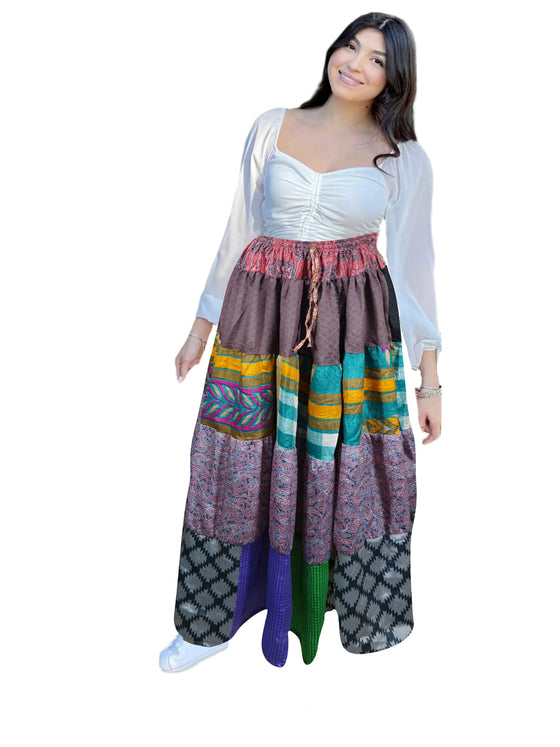 Women's Heather Purple Patchwork Maxi Skirt – Stylish Boho Flared Skirt  S/M