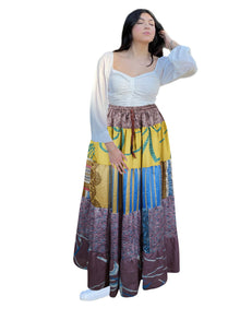 Women's Yellow and Blue Patchwork Maxi Skirt – Flared Boho Skirt Handcrafted  S/M/L