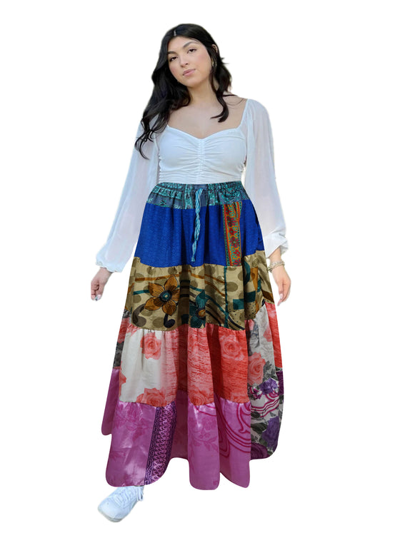 Women's Blue and Pink Floral Patchwork Maxi Skirt – Long Boho Flared Skirt  S/M/L
