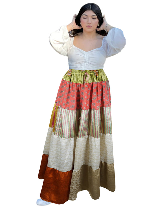 Women's Red Floral Patchwork Maxi Skirt – Boho Flared Summer Skirt Handcrafted  S/M/L