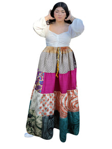  Women's Magenta Pink Patchwork Maxi Skirt – Long Boho Beach Skirt S/M/L