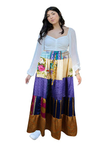  Women's Purple and Gold Patchwork Maxi Skirt – Boho Chic Beachwear S/M/L