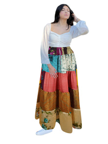  Women's Blue and Red Floral Patchwork Maxi Skirt – Boho Beachwear Skirt S/M/L