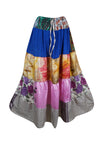 Women's Lapis Blue and Purple Floral Patchwork Maxi Skirt – Boho Chic Flared Skirt S/M/L