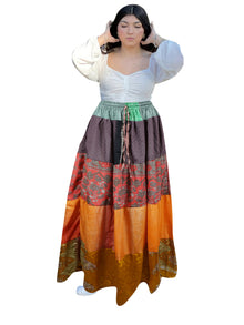  Women's Orange Patchwork Maxi Skirt – Flared Boho Long Skirt from Recycled Silk S/M/L
