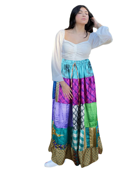Women's Multicolor Patchwork Maxi Skirt – Boho Chic Beach Skirt S/M/L