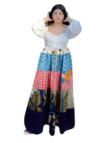  Women's Blue and Pink Patchwork Maxi Skirt – Stylish Boho Flared Long Skirt S/M/L