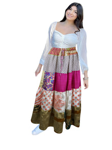  Women's Pink Floral Patchwork Maxi Skirt – Boho Summer Beach Skirt S/M/L