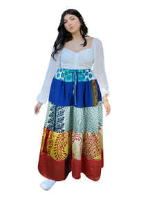  Women's Azure Blue Patchwork Maxi Skirt – Flared Boho Long Skirt  S/M/L