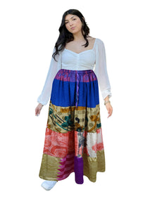  Women's Lapis Blue & Beige Floral Patchwork Maxi Skirt – Stylish Boho Skirt S/M/L