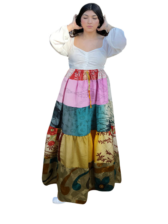 Womens Summer Beach Maxi Skirt Pink Floral Patchwork Boho Skirts S/M/L