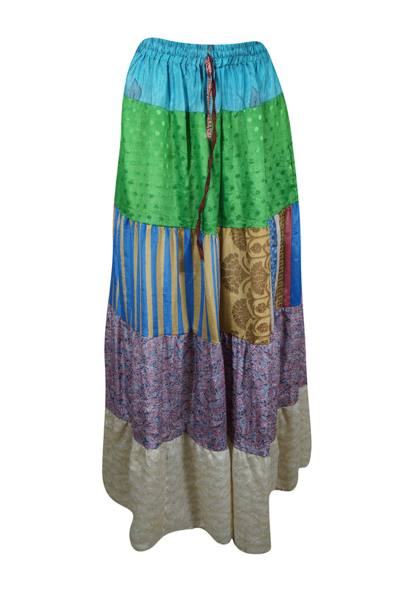 Womens Green Blue Flared Maxi Skirt Patchwork Boho Skirts S/M/L