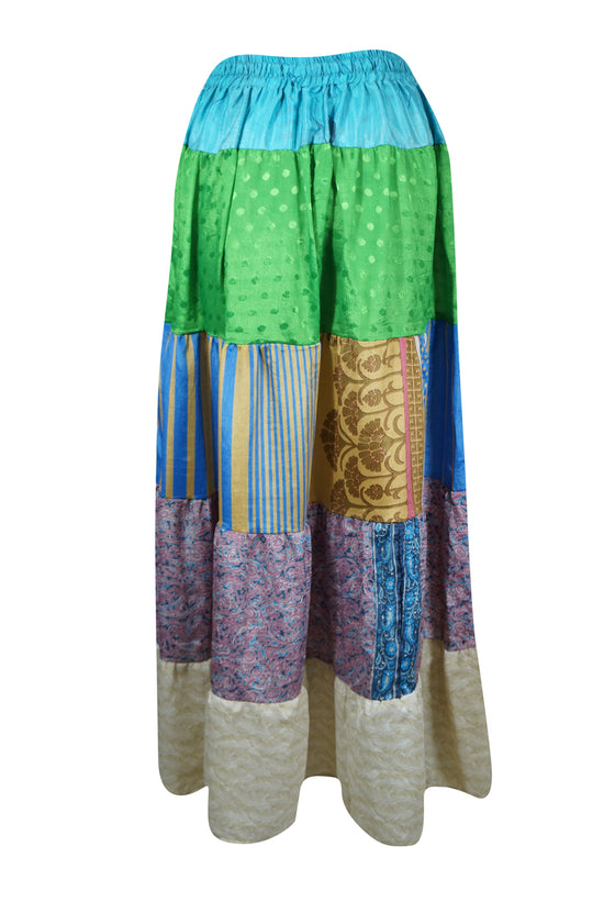 Womens Green Blue Flared Maxi Skirt Patchwork Boho Skirts S/M/L