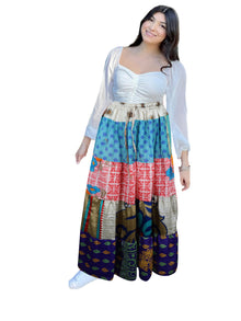  Women's Blue & Pink Patchwork Maxi Skirt – Stylish Boho Long Skirt  S/M/L